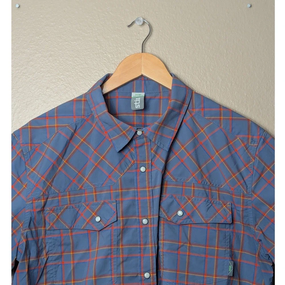 Stio Pearl Snap Shirt Mens Large Blue Orange Plaid Short Sleeve Hiking #2338